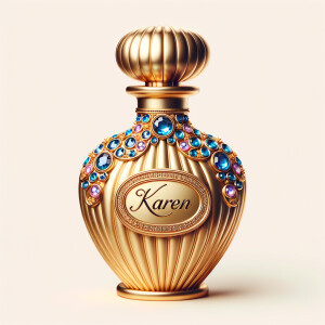 Create a 3-D realistic gold and blue, colorful jewels perfume b...