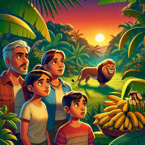 A family in the jungle watches a lion near ripe plantains, with...