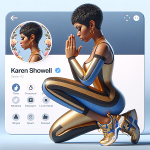 Create a 3D illustration of a realistic light skinned African-American woman on The remote her knees Praying , she has a black pixie cut haircut FACEBOOK social media with a FACEBOOK BACKGROUND . She is wearing a gold and blue jumpsuit and gold and blue Nike gym shoes. The background is a FACEBOOK social media profile with a user name “KAREN SHOWELL ” and profile FACEBOOK Cover