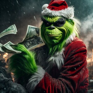 impeccably detailed macabre grinch wearing a tattered santa suit...
