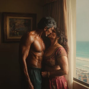 Create a hyperrealism painting of a muscular, sweaty Indian man...