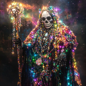 A whimsical and vibrant depiction of the grim reaper, wearing a...