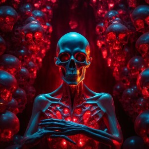 A crystal-bodied alien with X-ray red vision devouring human sku...