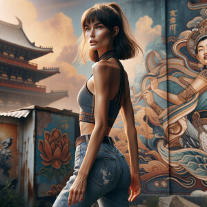 Athletic Thin skinny Attractive, Asian teenage girl, long brown hair and bangs, wearing tight skinny jeans and a halter top paint marks on her clothing, heroic pose Asian graffiti background, backside view