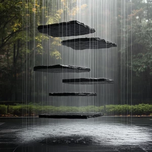 Creates an image of a gravity-defying fountain composed of separ...