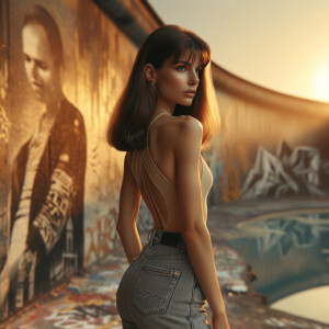 Athletic Thin skinny Attractive, Asian teenage girl, long brown hair and bangs, wearing tight skinny jeans and a halter top paint marks on her clothing, heroic pose Asian graffiti background, backside view