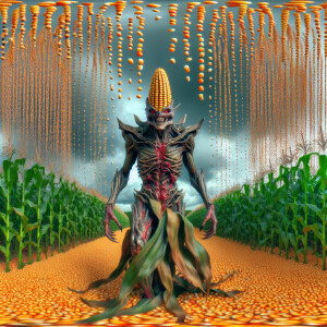 a high-resolution image of an evil macabre 🌽 with an humaniod b...