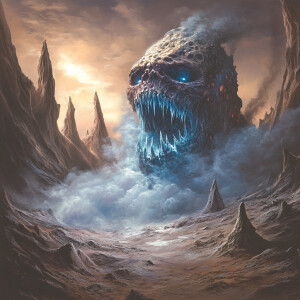 An extraterrestrial creature with a distorted face exhales a chi...