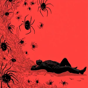 Man in 50s laying on the floor with a black and red spider and a...