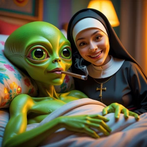 "Create a whimsical image of an alien with vibrant green skin an...