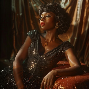 A black transgender woman in 1950s evening glittery dress