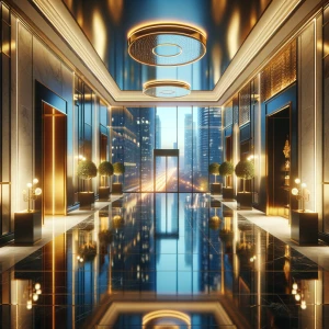A panoramic view of an ultra-luxury modern hallway in Dubai duri...