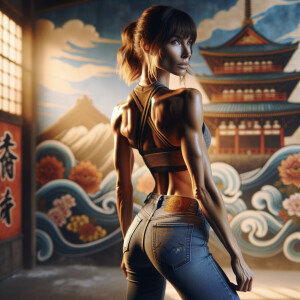 Athletic Thin skinny Attractive, Asian teenage girl, long brown hair and bangs, wearing tight skinny jeans and a halter top paint marks on her clothing, heroic pose Asian graffiti background, backside view