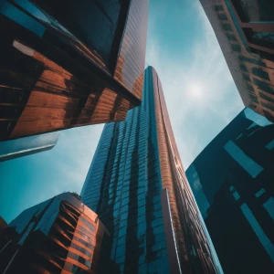 Two skyscrapers view from the ground looking u