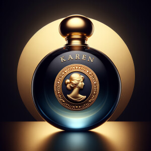 Create an image of a sleek, round perfume bottle, bathed in a gr...