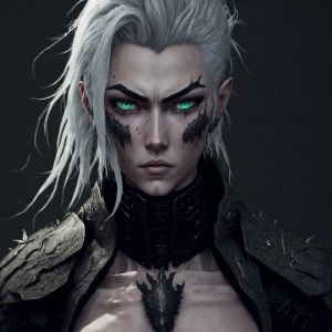 Strong man, athletic body, white hair, scar on nose, demonic tat...