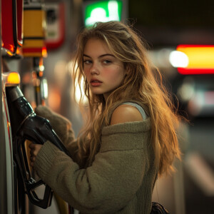 teen pumping gas while go overfills distracted by her beauty