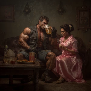 Realism,a muscular   criminal man sitting drinking beer with  hi...