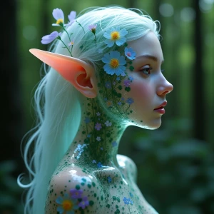 Create an image of a female elf with a transparent, glass body,...