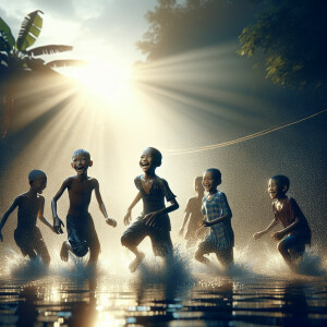 3D render 4 dark skinned 10 year old boys play in water on hot s...