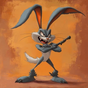 A monstrous Bugs Bunny with elongated ears that resemble twisted...