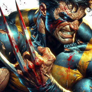 Wolverine with adamantium claws, torn iconic yellow and blue cos...