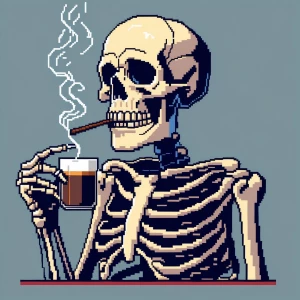,Skeleton smoking with coffee, pixel style art
