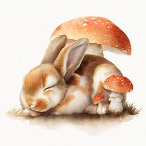 Warm earth tones rabbit sleeping under mushroom, soft watercolor...