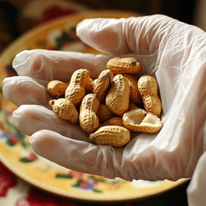 a close-up of a hand wearing a white disposable glove holding a handful of roasted or fried peanuts. The peanuts vary in size and color, with some appearing more golden-brown than others. Some peanuts are whole, while others are split in half, revealing their inner texture. The background includes a plate with more peanuts scattered on it, which has a floral design with yellow and white colors. The lighting suggests the use of a camera flash, as there are visible reflections on the glove and peanuts. This setup indicates a hygienic handling process, possibly for food packaging or preparation.