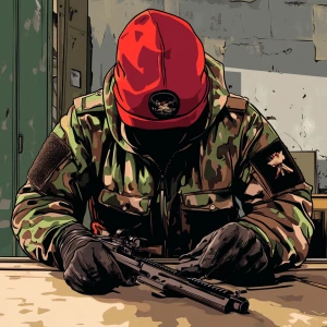 Create an image of a character dressed in a camouflage military...