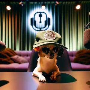 A chihuahua donning aviator sunglasses and a green baseball cap...