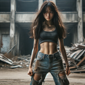 Skinny and thin Asian teen girl wearing skin tight jeans that are worn and frayed, long hair and bangs heroic ready to fight stance