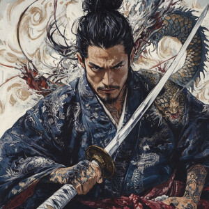 A fiercely determined Okinawan ronin, embodying the essence of a...