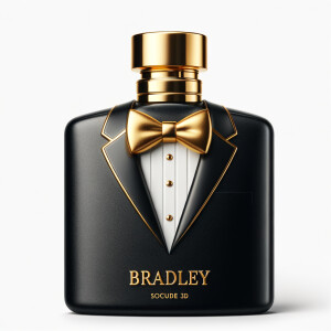 Create a realistic, 3-D cologne bottle That looks like a black Gucci tuxedo with a gold top and the name Bradley written in gold letters