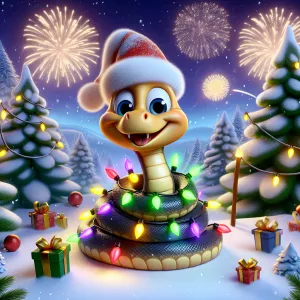 Central Object: A smiling cartoon snake wearing a New Year's hat...