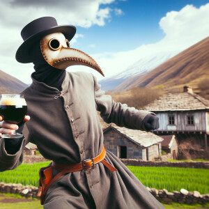 Plague doctor dancing lezginka with a glass of Guinness in hand....