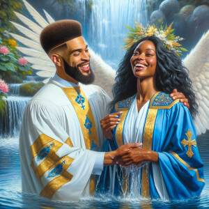 An oil painting depicting a light-skinned African-American pasto...