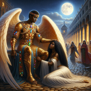 Create an oil painting image featuring a male angel and a grievi...