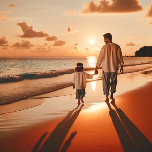 A father and child walking hand in hand towards a setting sun on...