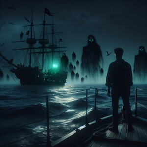The ship sails at night. There is one person standing on it. A p...