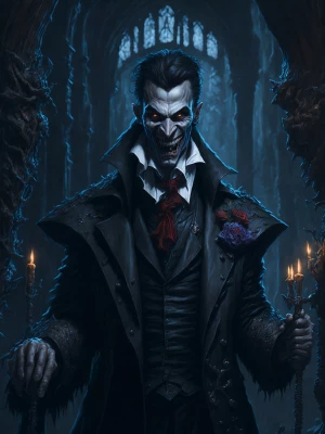 a happy and realistic dracula in a gothic castle.