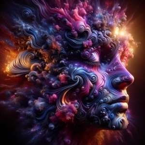 A hyperrealistic 3D face sculpt, intricately woven from Swirl's...