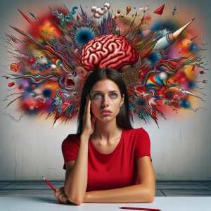 Create a photorealistic image of a canvas woman in a red shirt...