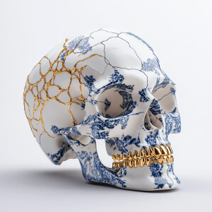 Hyper-realistic 3D rendering of a fragmented human skull crafted...