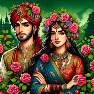 Krishna and radha rani was decorated with roses with greenery ba...