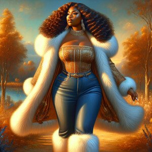 Craft a 4K glossy oil painting portraying a regal, plus-size Afr...