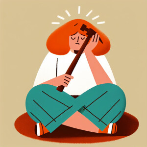 Ginger haired woman hitting herself on the head with a hammer. S...