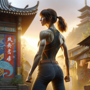 Athletic Thin skinny Attractive, Asian teenage girl, long brown hair and bangs, wearing tight skinny jeans and a halter top paint marks on her clothing, heroic pose Asian graffiti background,  backside view