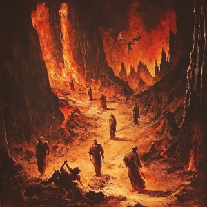 A scene depicting priests suffering in the fiery pits of Hell as...