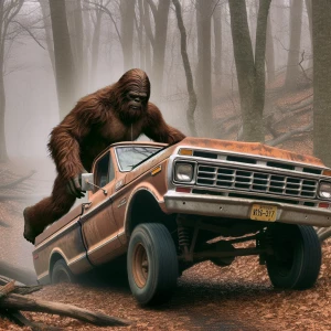 Sasquatch with thick fur lifting the rear of a rust-colored 1977...